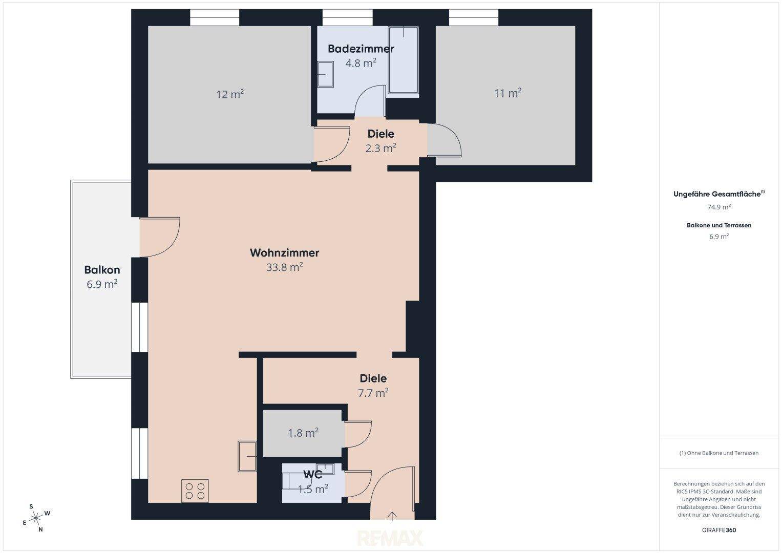 Grundriss der Wohnung mit Wohnzimmer, Schlafzimmern, Bad und Balkon.