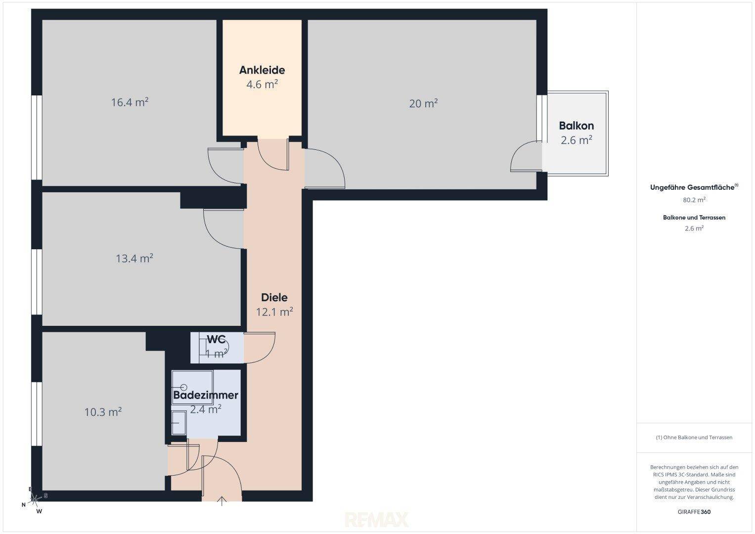 Detaillierter Grundriss der Wohnung mit Raumaufteilung, Flächenangaben und Balkon.