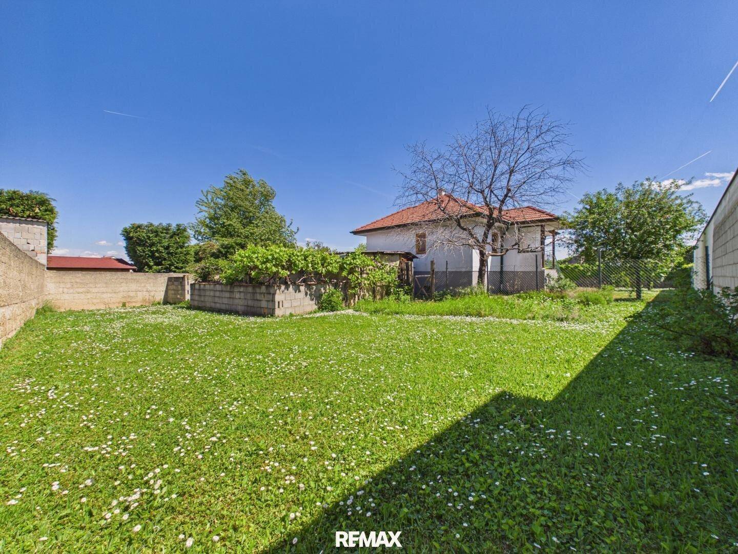Großer, sonniger Gartenbereich mit Rasenfläche und Blick auf das hintere Gebäude.