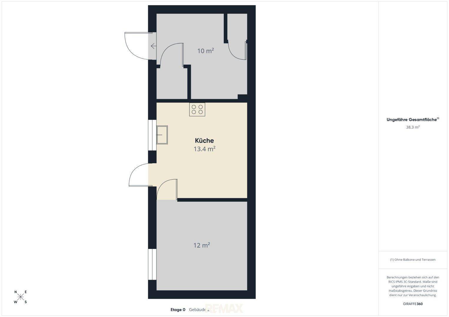 Grundriss des separaten Gebäudes auf Etage 0 mit Küche und weiteren Räumen.