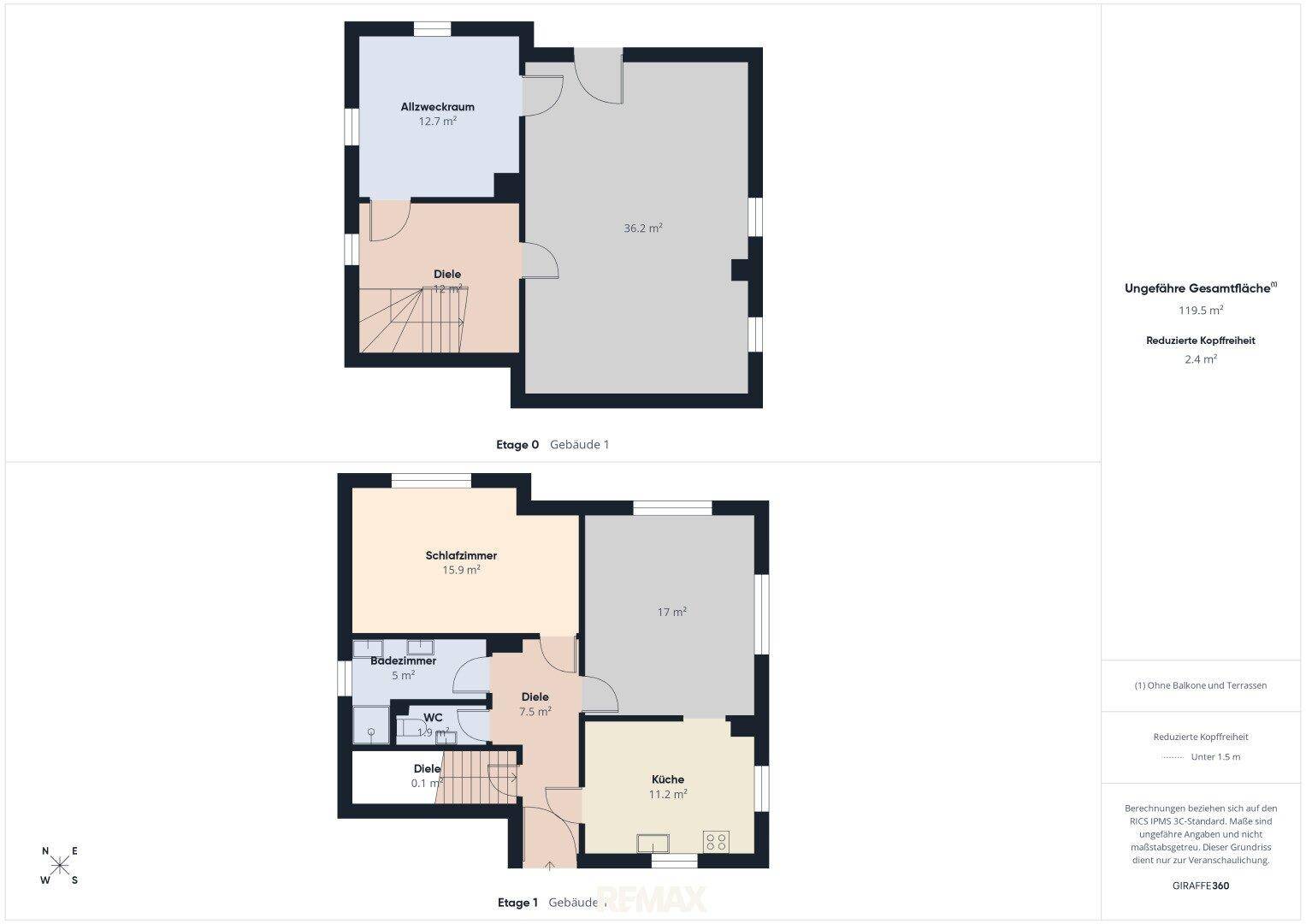 Detaillierter Grundriss von Etage 0 und Etage 1 des Hauptgebäudes mit Raumaufteilung.