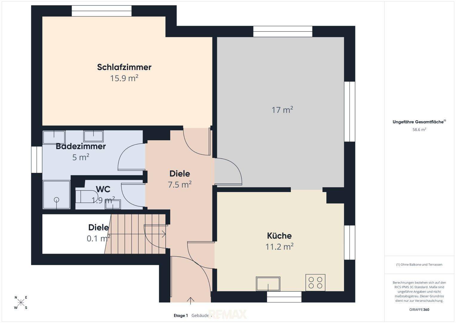 Grundriss der ersten Etage mit Schlafzimmer, Badezimmer, WC und Küche.