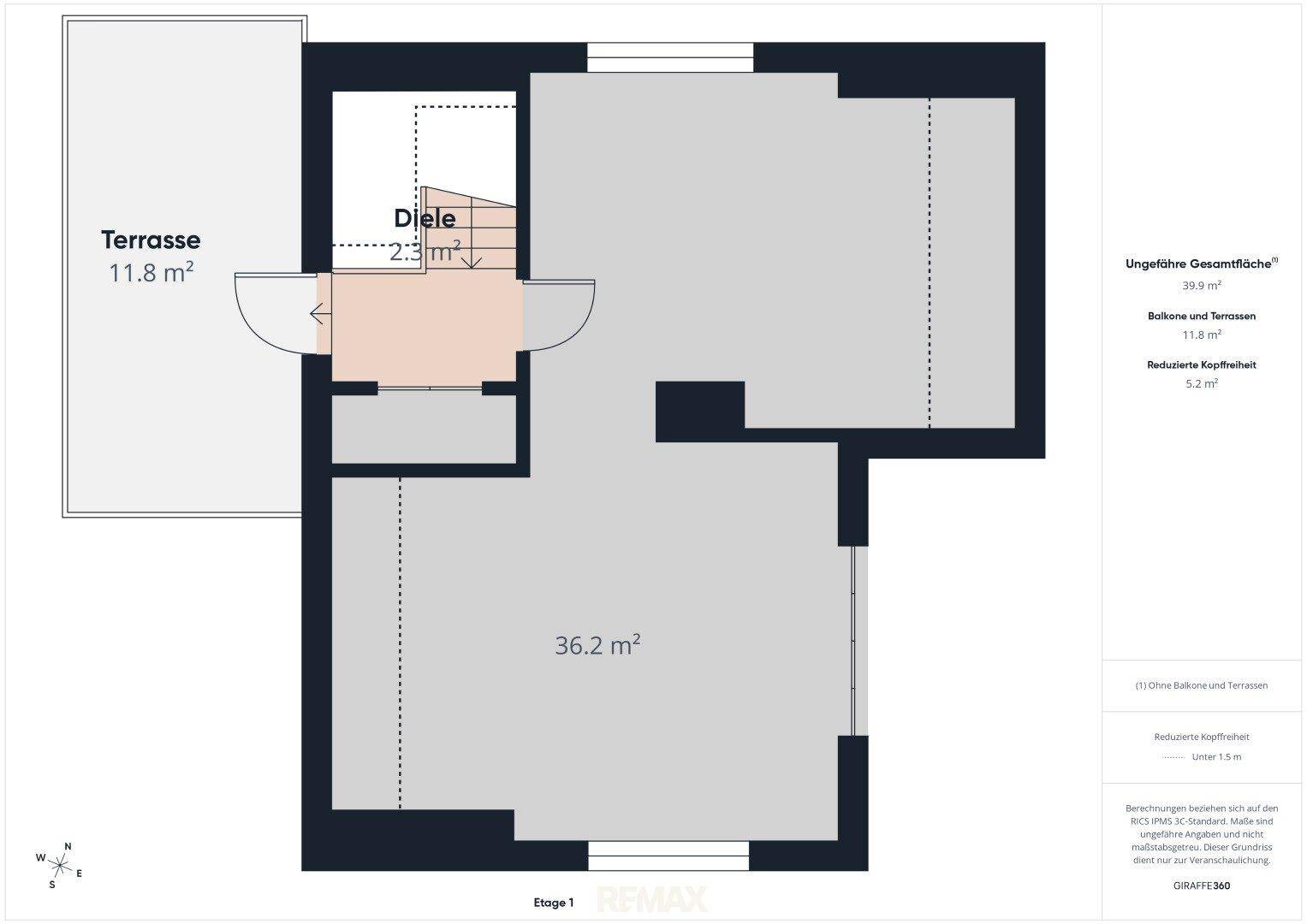 Detaillierter Grundriss der Etage 1 mit großer Terrasse und einem weiteren Raum.