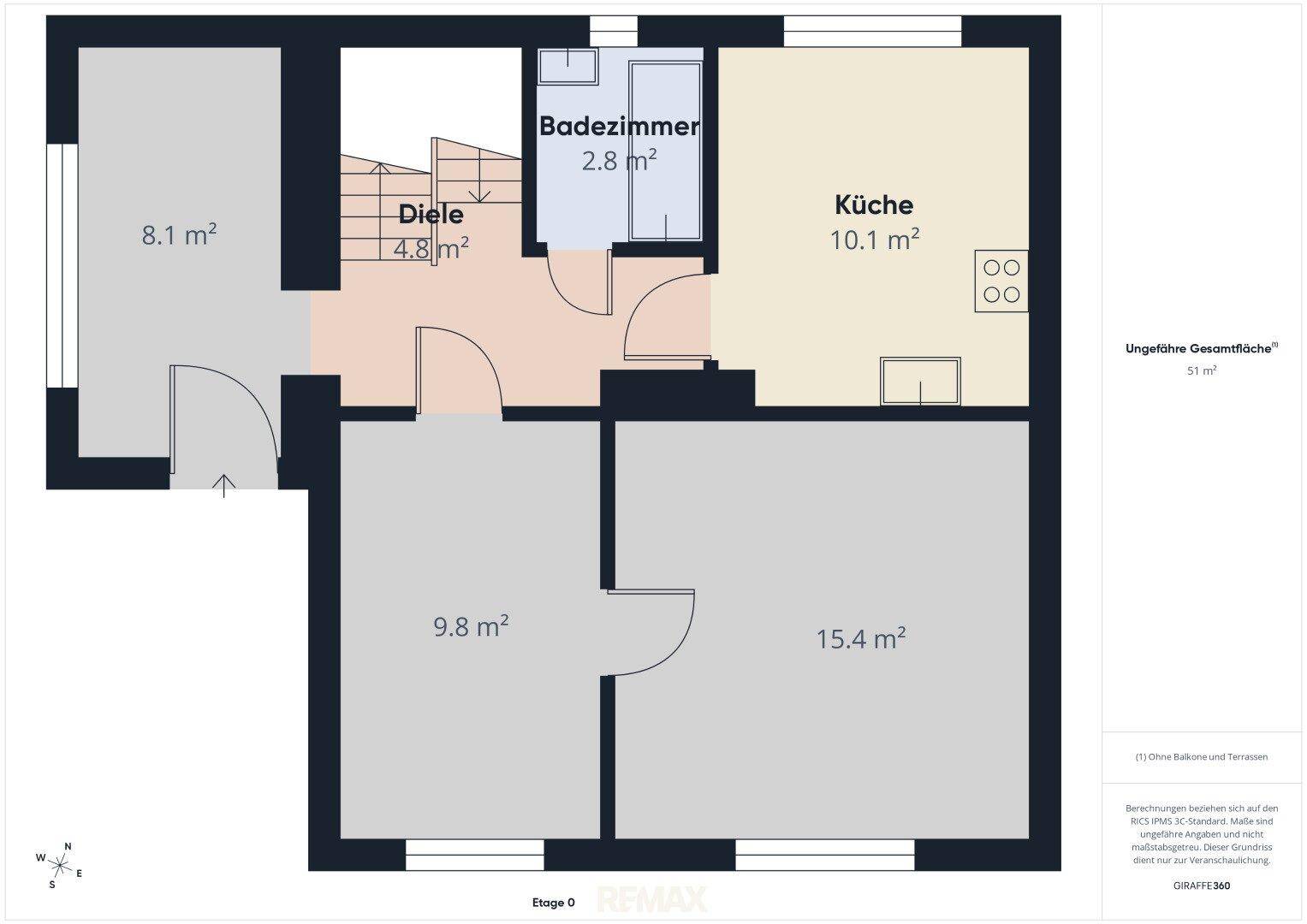 Detaillierter Grundriss der Etage 0 mit Küche, Bad und zwei weiteren Räumen.