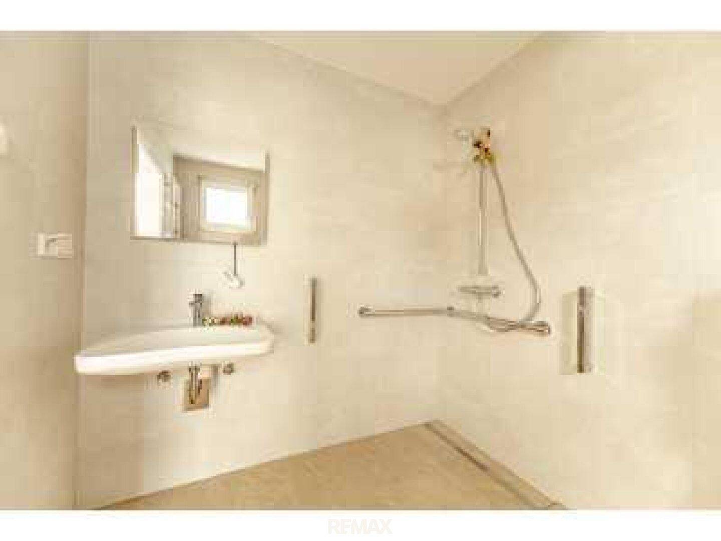 Barrierefreies Badezimmer mit Dusche, Waschbecken und Haltegriffen.