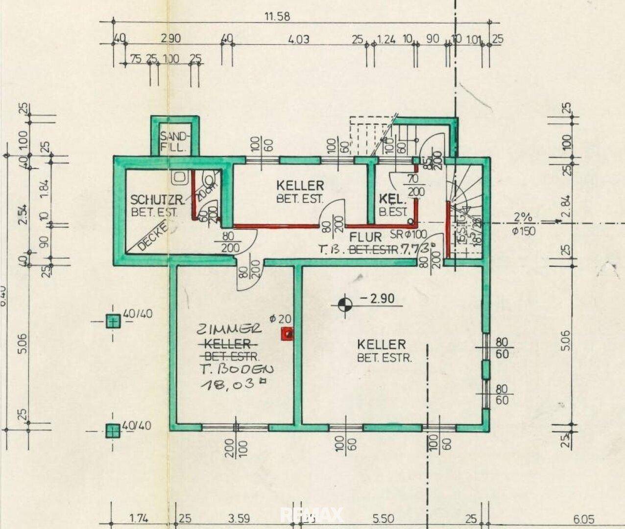 Grundriss des Kellers mit Lagerraum, Heizraum und einem weiteren Zimmer.