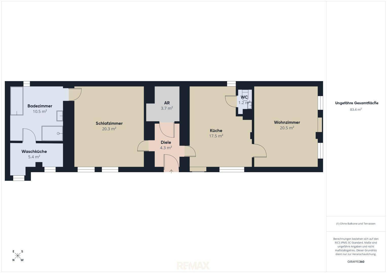 Grundrissplan mit Aufteilung in Badezimmer, Schlafzimmer, Küche, Wohnzimmer und WC.