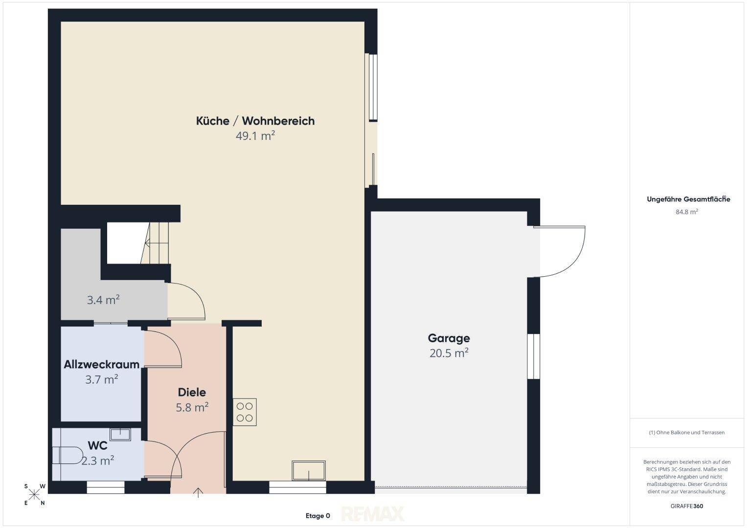 Grundrissplan des Erdgeschosses mit offener Küche, Wohnbereich, Diele und Garage.