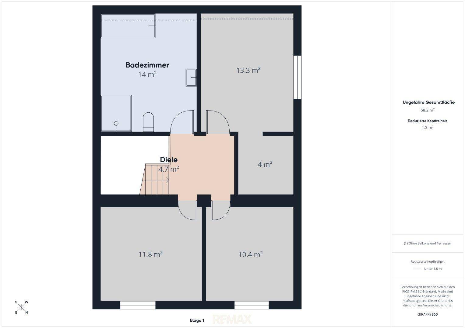 Grundrissplan des Obergeschosses mit Badezimmer, Diele und drei weiteren Zimmern.