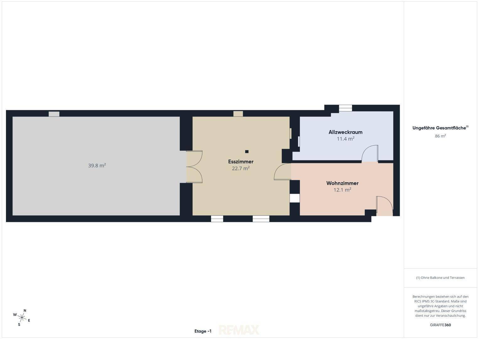 Grundriss der Etage -1 mit Esszimmer, Wohnzimmer und einem Mehrzweckraum.