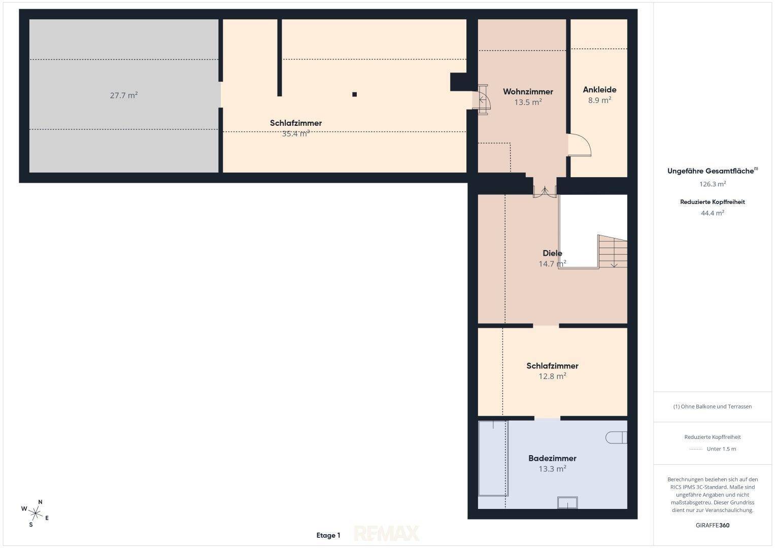 Grundriss der Etage 1 mit mehreren Schlafzimmern, Wohnzimmer, Ankleide und Badezimmer.