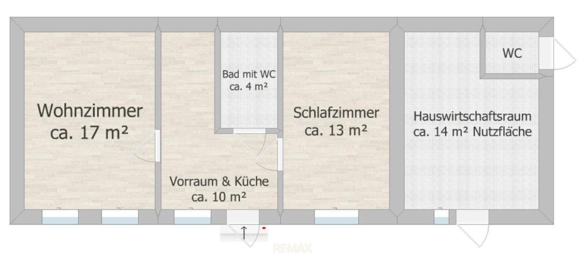 Grundriss mit Wohnzimmer, Schlafzimmer, Bad, Vorraum, Küche und Hauswirtschaftsraum.