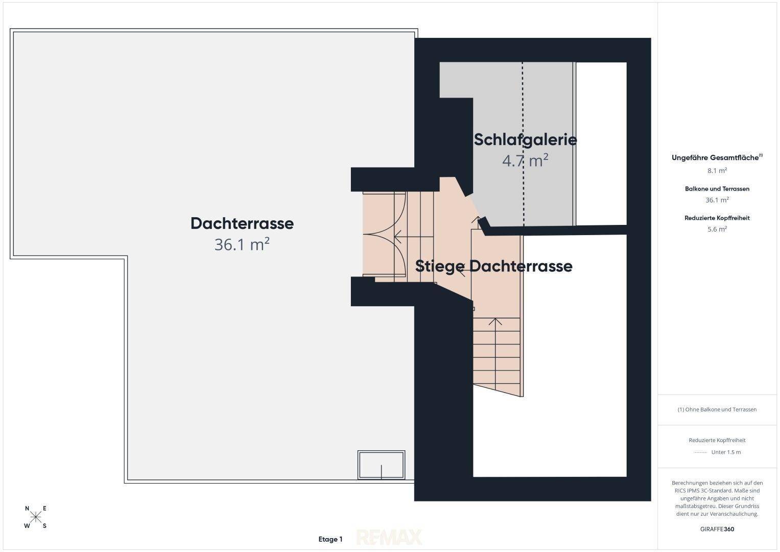 Grundriss der oberen Ebene mit Dachterrasse und Schlafgalerie.