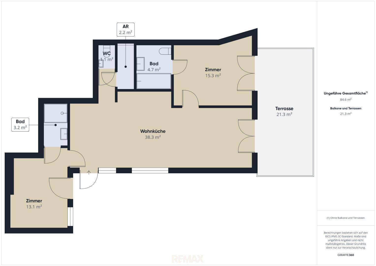 Detaillierter Grundriss einer Wohnung mit Wohnküche, Zimmern, Bädern und großer Terrasse.