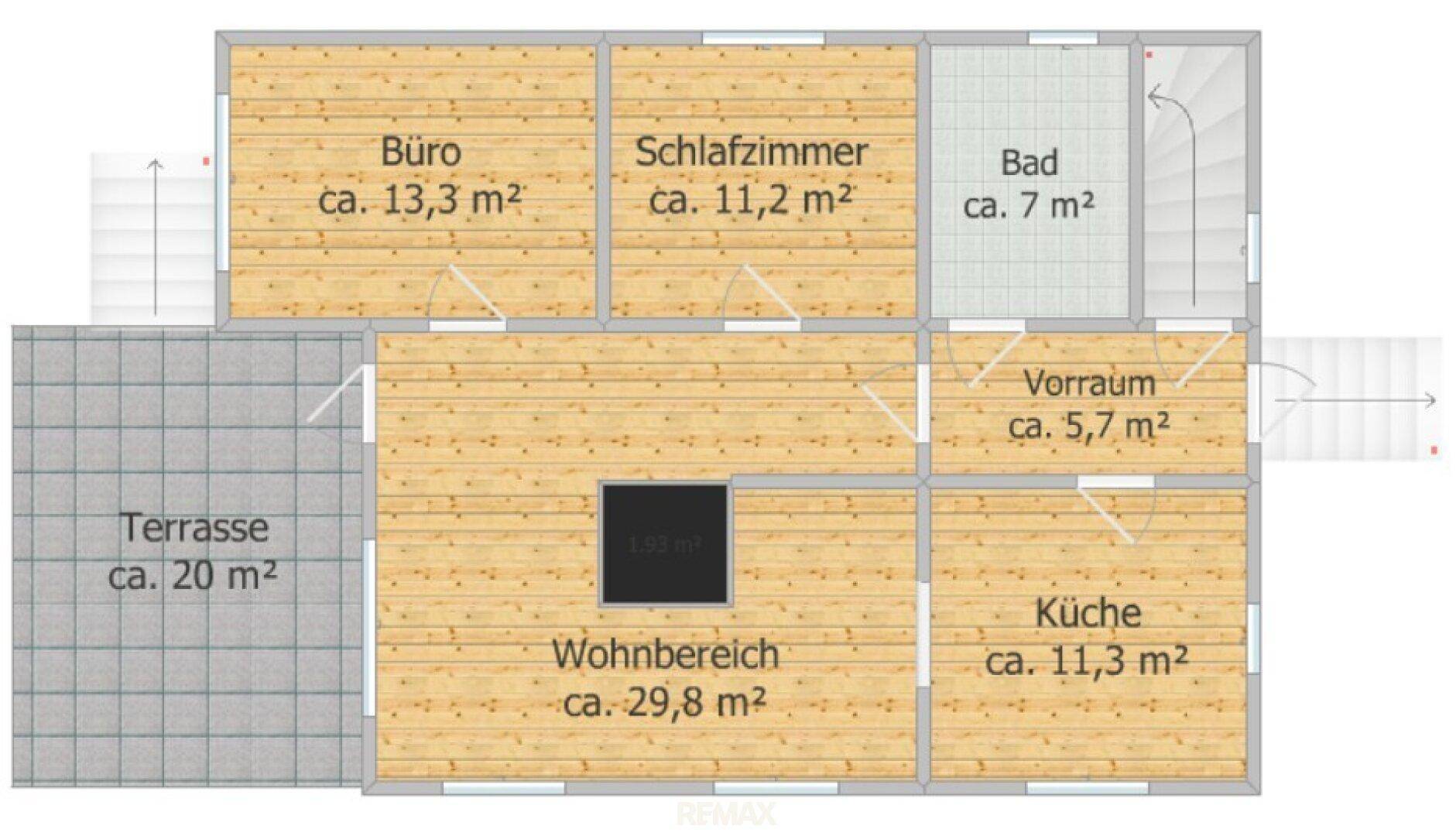 Grundriss des Erdgeschosses mit Wohnbereich, Küche, Schlafzimmer und Terrasse.