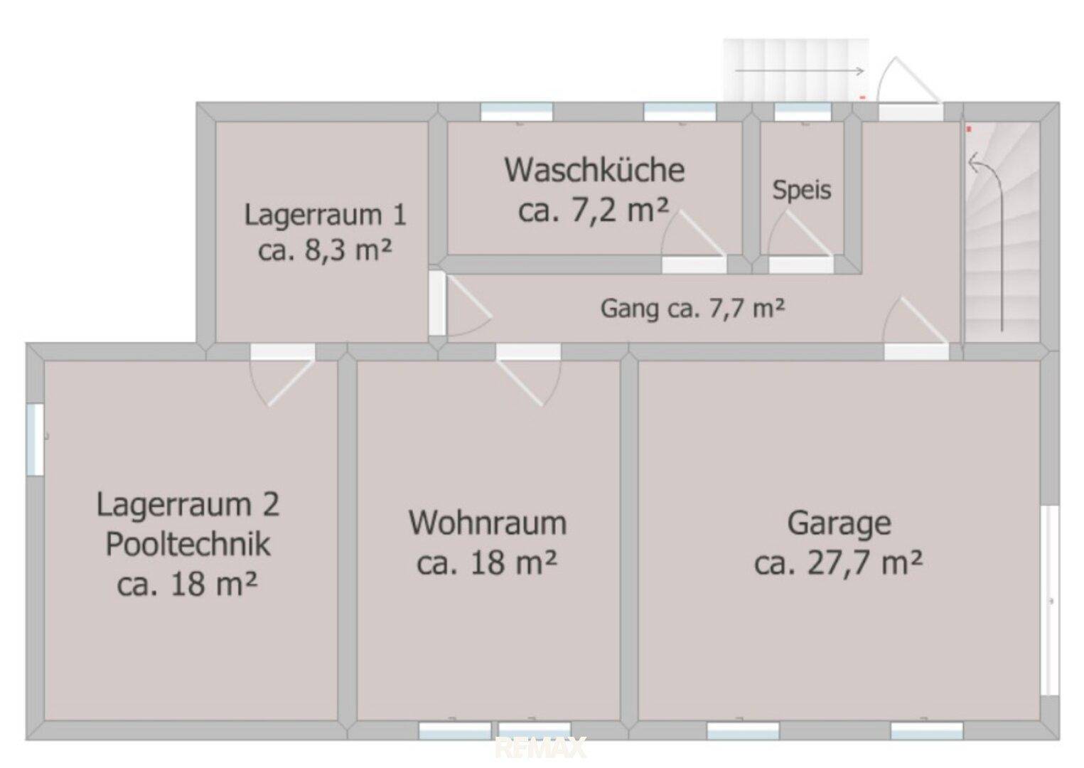 Grundriss des Untergeschosses mit Lagerräumen, Waschküche, Wohnraum und Garage.