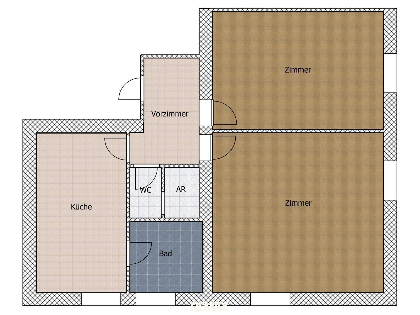 Grundriss der Wohnung mit Küche, Bad, separatem WC und zwei Zimmern.