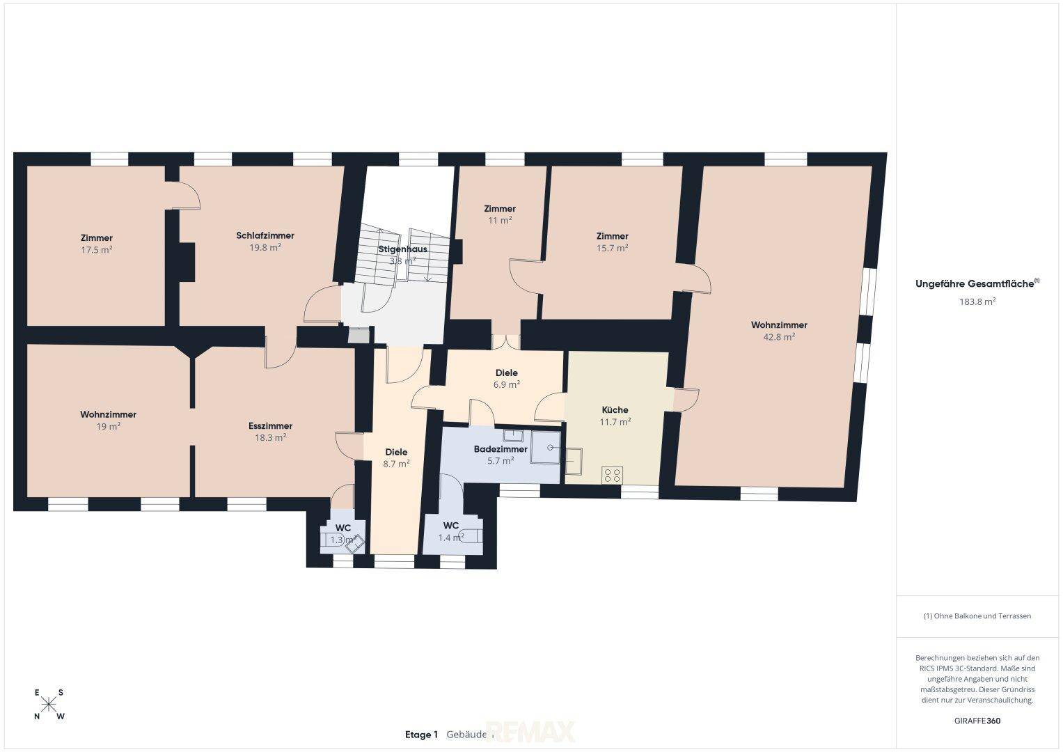 Grundriss der ersten Etage mit mehreren Zimmern, Küche, Bad und zwei separaten WCs.