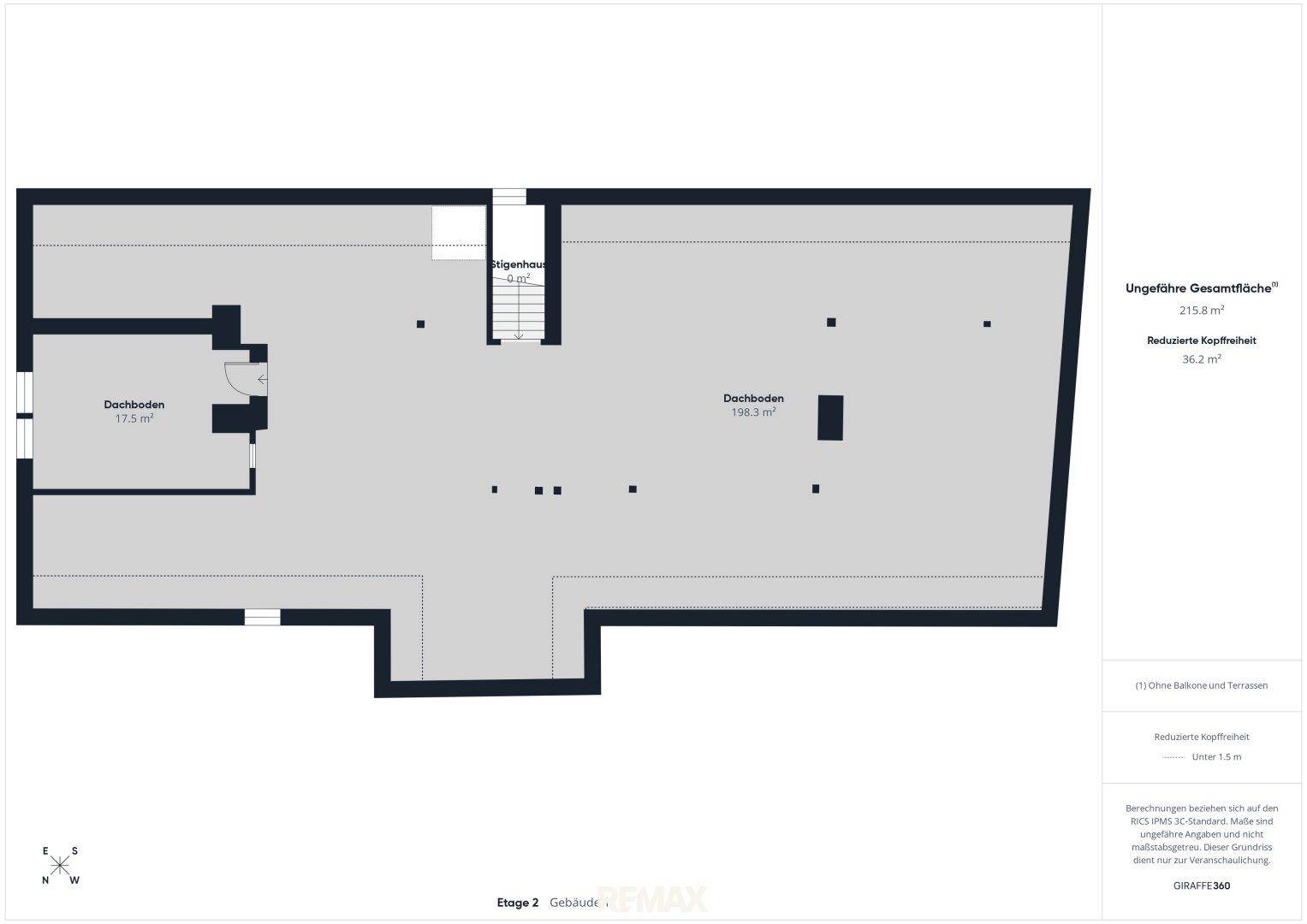 Grundriss des Dachbodens mit reduzierter Kopfhöhe und großem Stauraum.