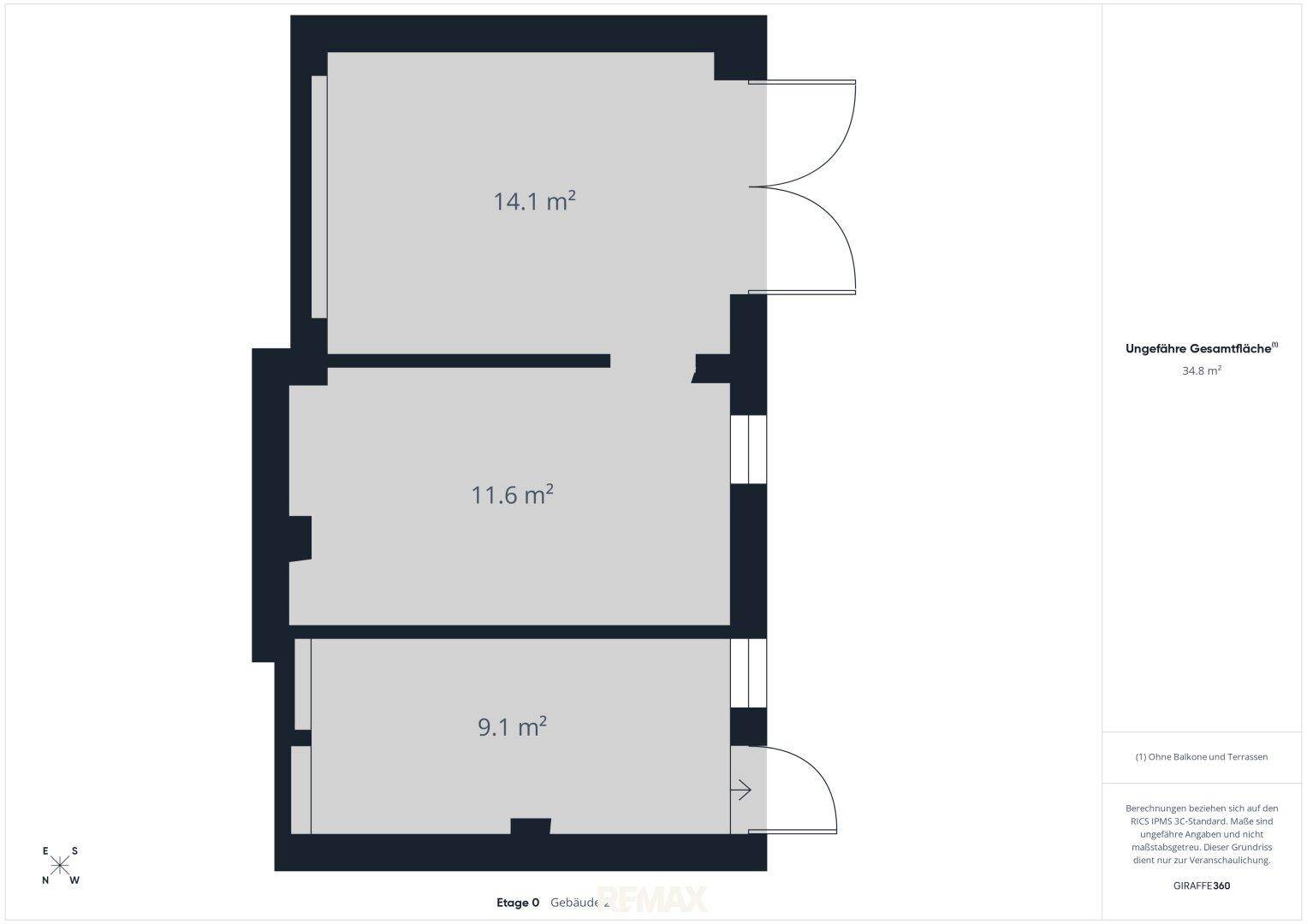 Grundriss der Etage 0 mit drei Räumen, ideal als Keller oder Abstellflächen.