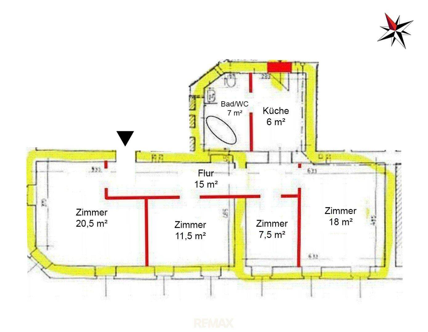 Grundrissplan einer Wohnung mit mehreren Zimmern, Bad/WC, Küche und einem Flur, inklusive Flächenangaben.
