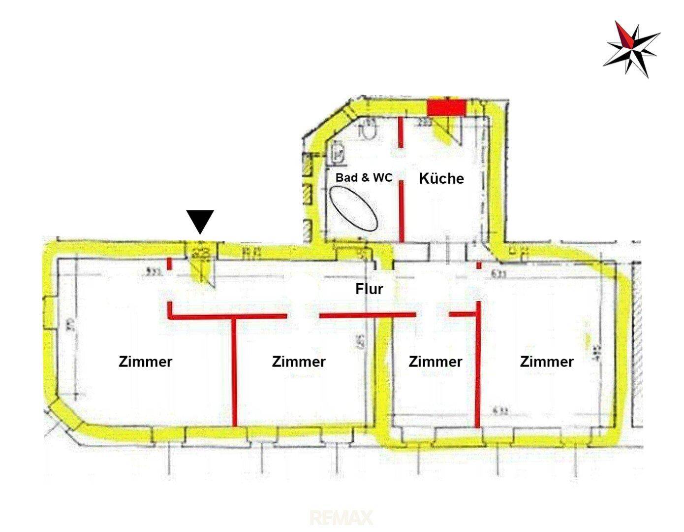 Grundrissplan einer Etage mit mehreren Zimmern, Flur, Küche und einem Badezimmer mit WC.