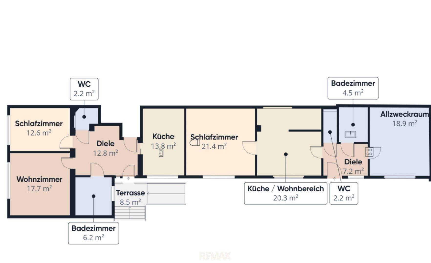 Übersichtlicher Grundrissplan mit Raumaufteilung und Flächenangaben für Wohnzimmer, Schlafzimmer und Bäder.