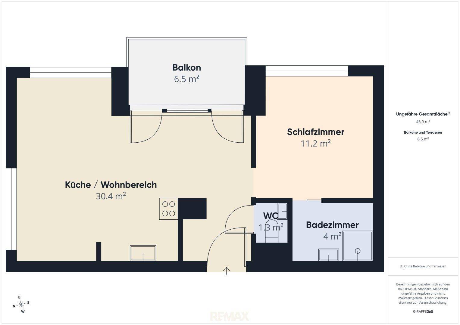 Grundriss der Wohnung mit offenem Wohnbereich, Schlafzimmer und Balkon.
