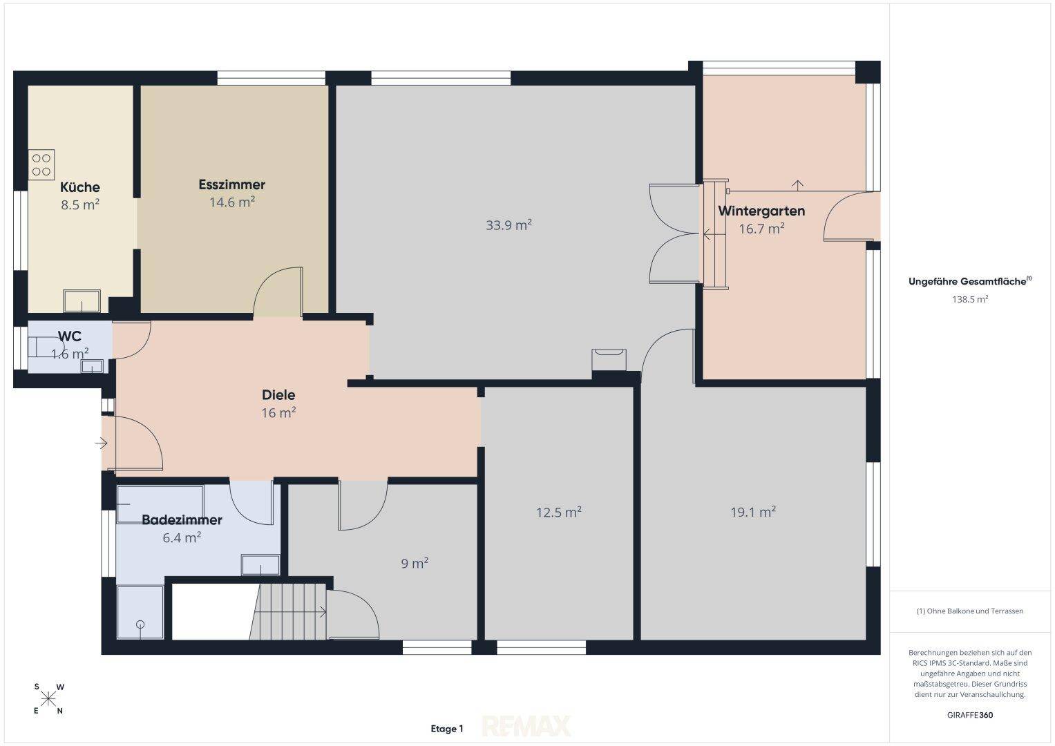 Grundriss des ersten Stocks mit Küche, Esszimmer, Bad und Wintergarten.