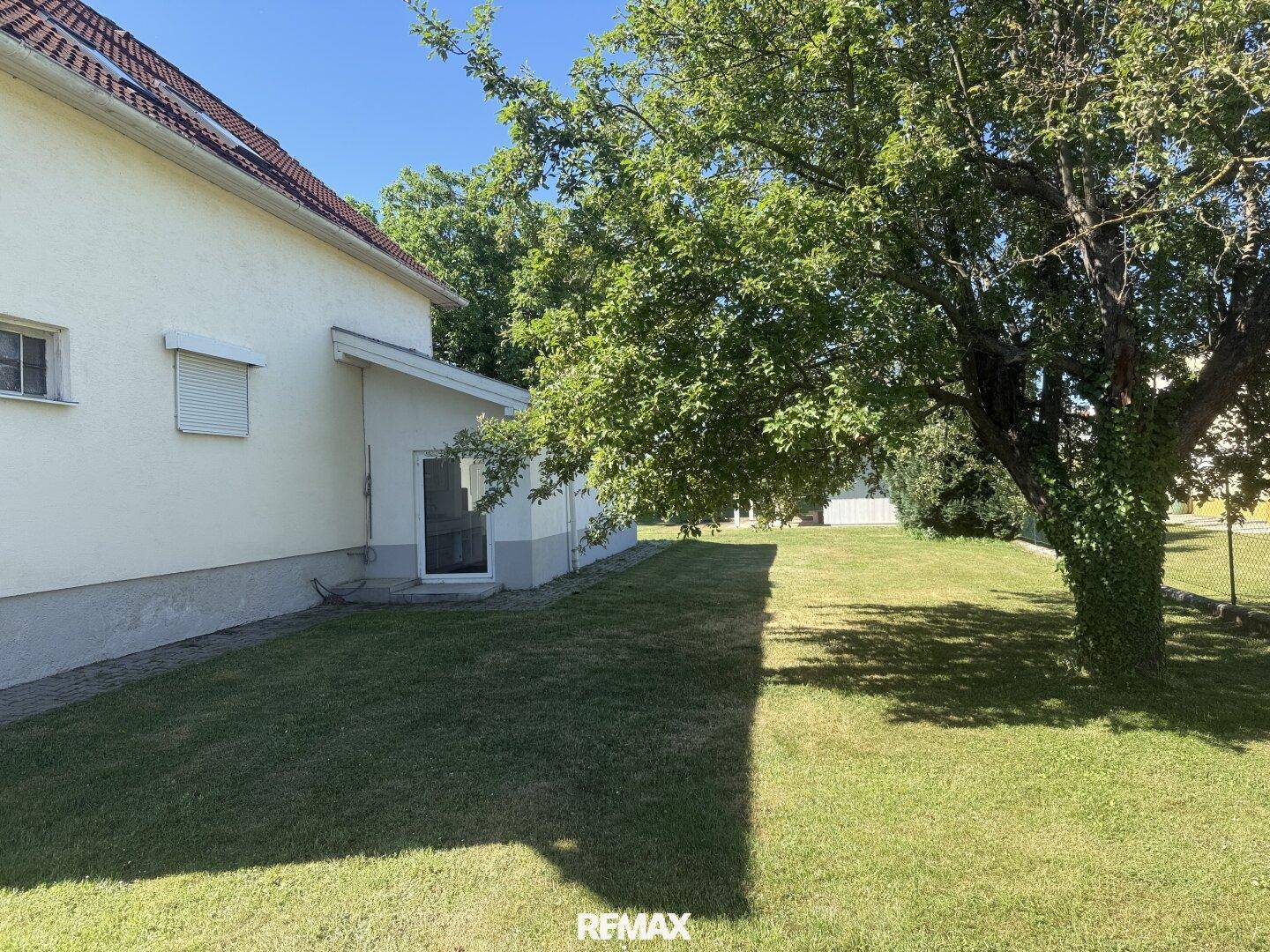 Langer grüner Rasenbereich neben dem Haus mit einem großen, alten Baum.