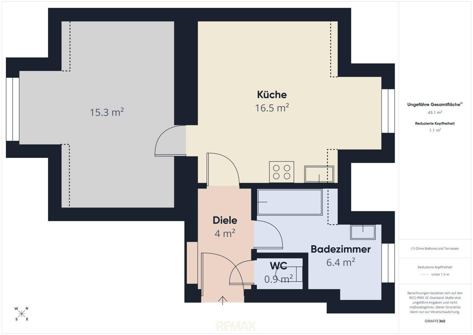 Grundriss einer Wohnung mit Küche, Bad, WC und einem weiteren Zimmer, insgesamt 43.1 m².