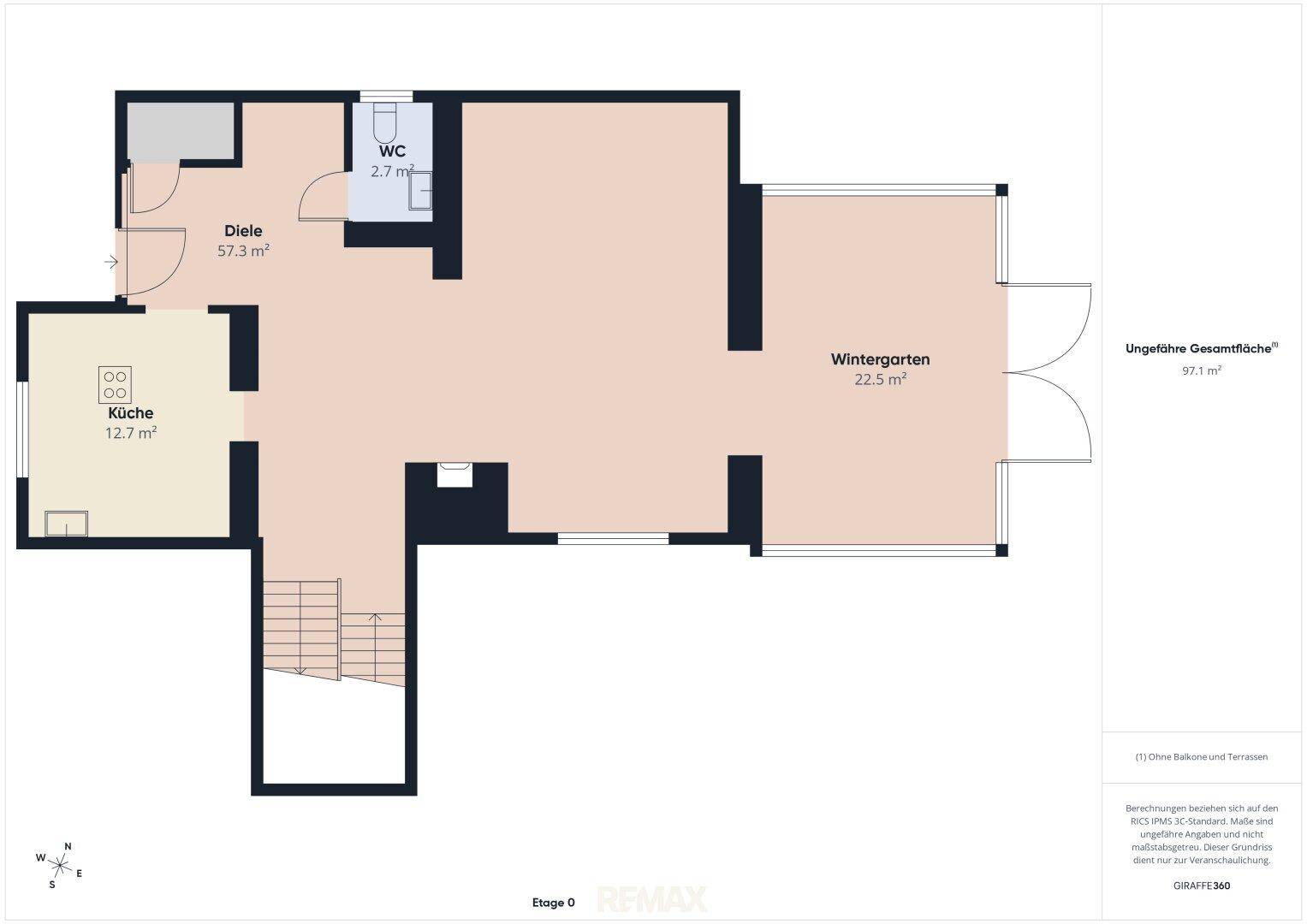 Grundriss des Erdgeschosses mit Küche, Diele, WC und Wintergarten.
