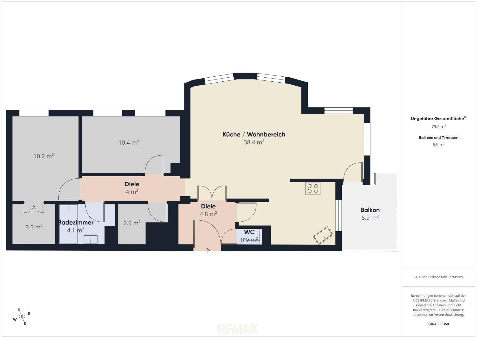 Detaillierter Grundriss einer Wohnung mit mehreren Zimmern, Balkon und Flächenangaben.