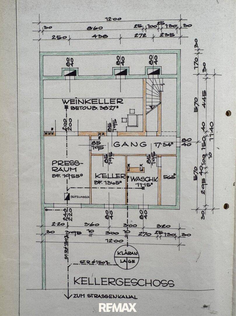 Grundriss des Kellergeschosses mit Weinkeller, Pressraum und Waschküche.