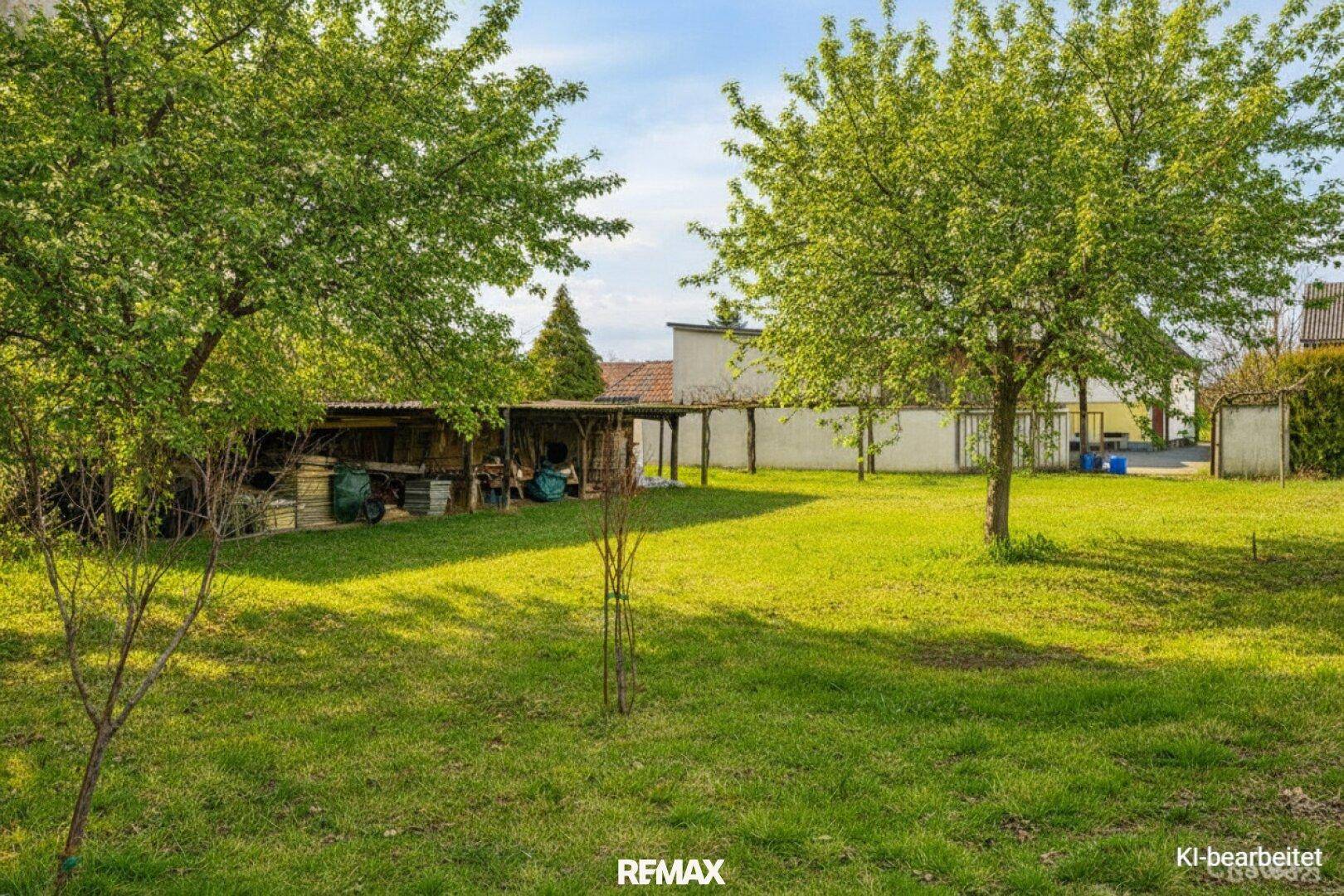 Großer, gepflegter Garten mit Rasenfläche und Obstbäumen unter blauem Himmel.