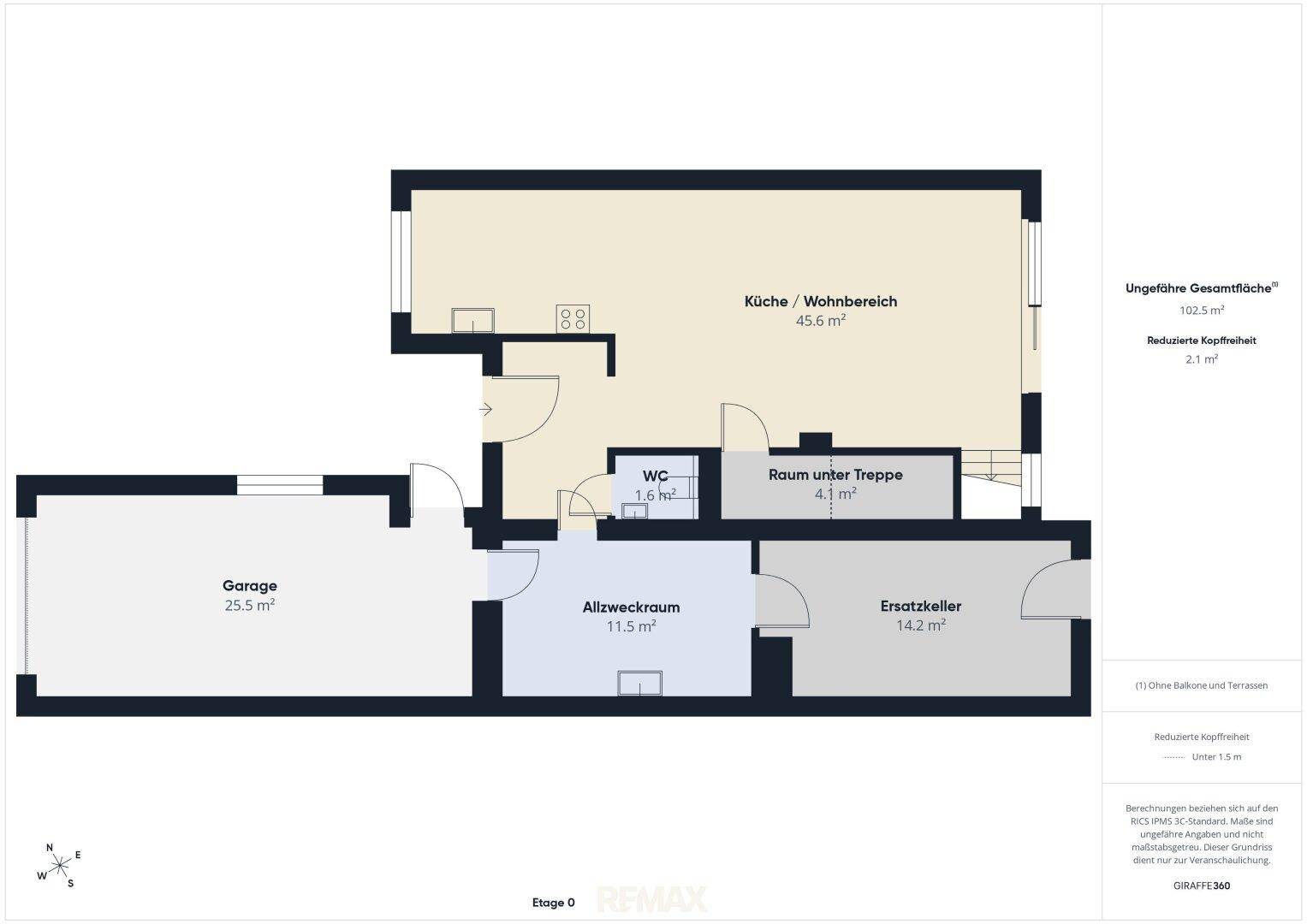 Grundriss der Etage 0 mit Garage, Hauswirtschaftsraum, WC und offenem Wohnbereich.