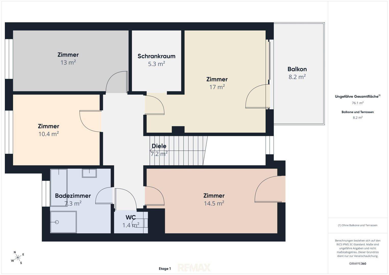 Grundriss der Etage 1 mit Schlafzimmern, Badezimmer, WC und Balkon.