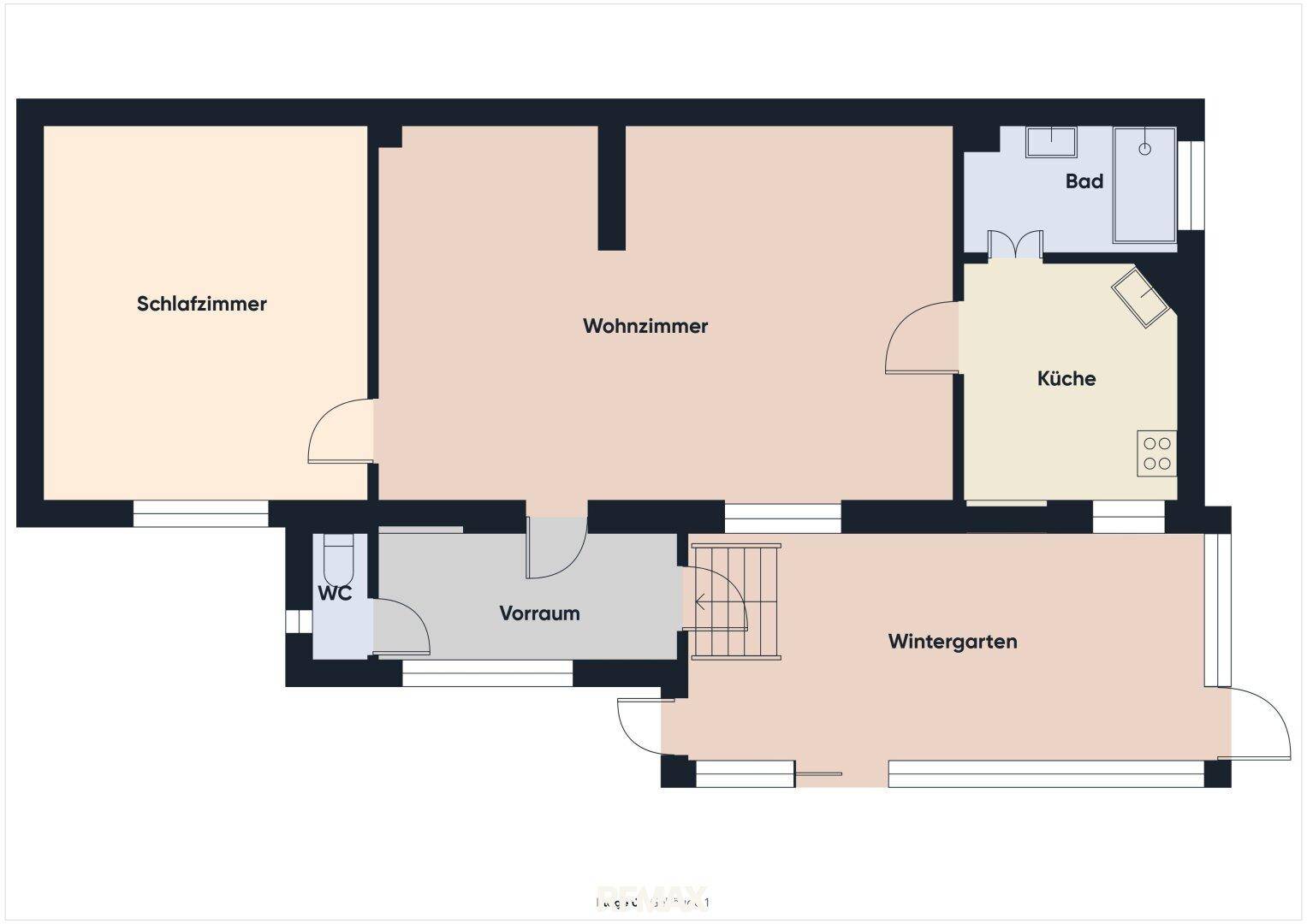 Grundriss des Erdgeschosses mit Schlafzimmer, Wohnzimmer, Küche und Wintergarten.