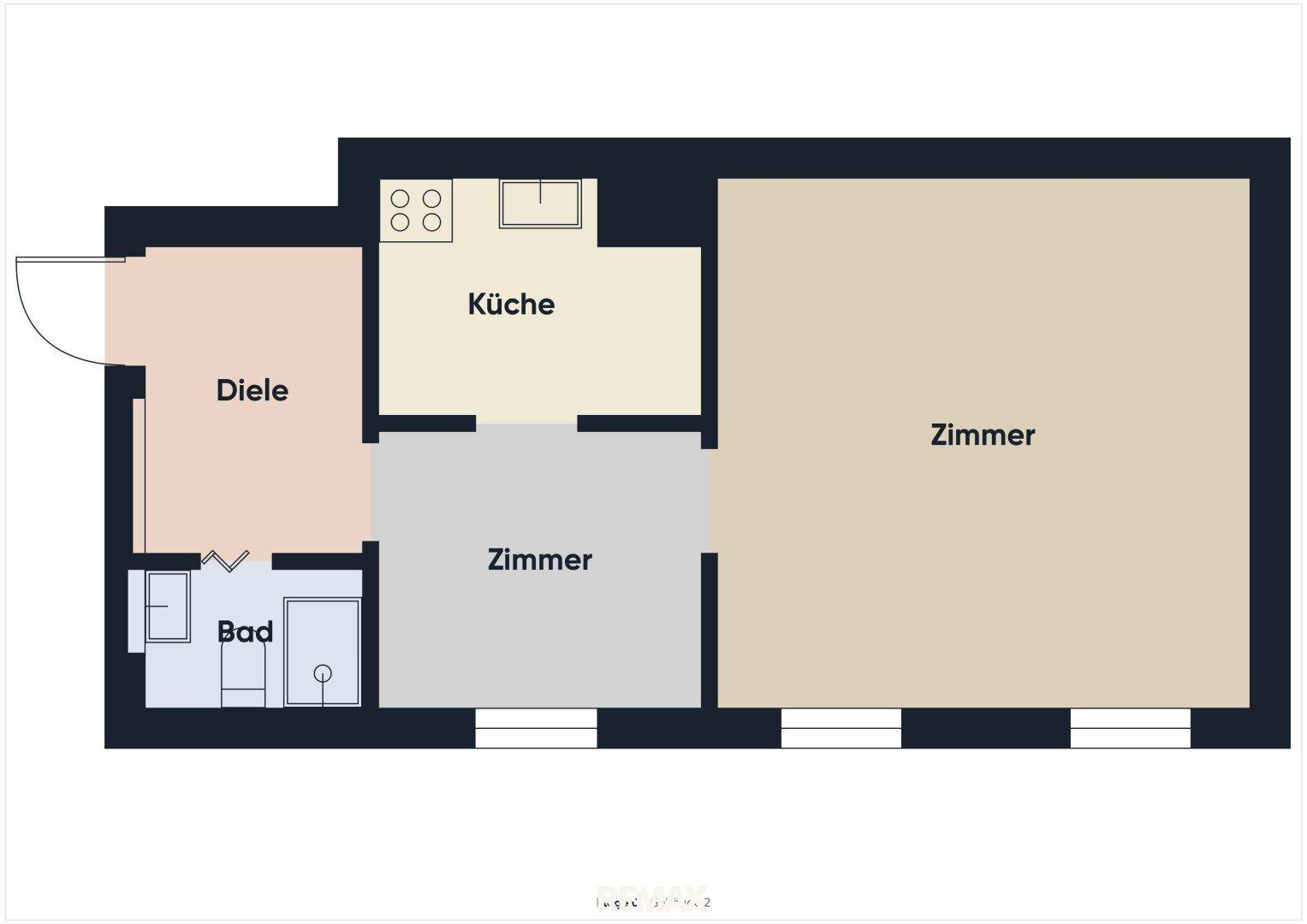Grundriss des Obergeschosses mit Diele, Küche, Zimmern und Badezimmer.