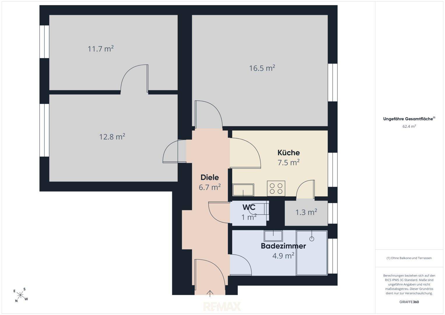 Übersichtlicher Grundriss einer Wohnung mit Küche, Bad, WC und drei weiteren Zimmern.
