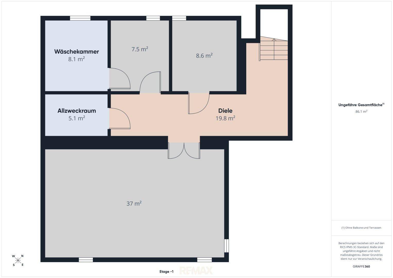 Grundriss der Etage -1 mit Waschküche, Allzweckraum und großem Kellerbereich.