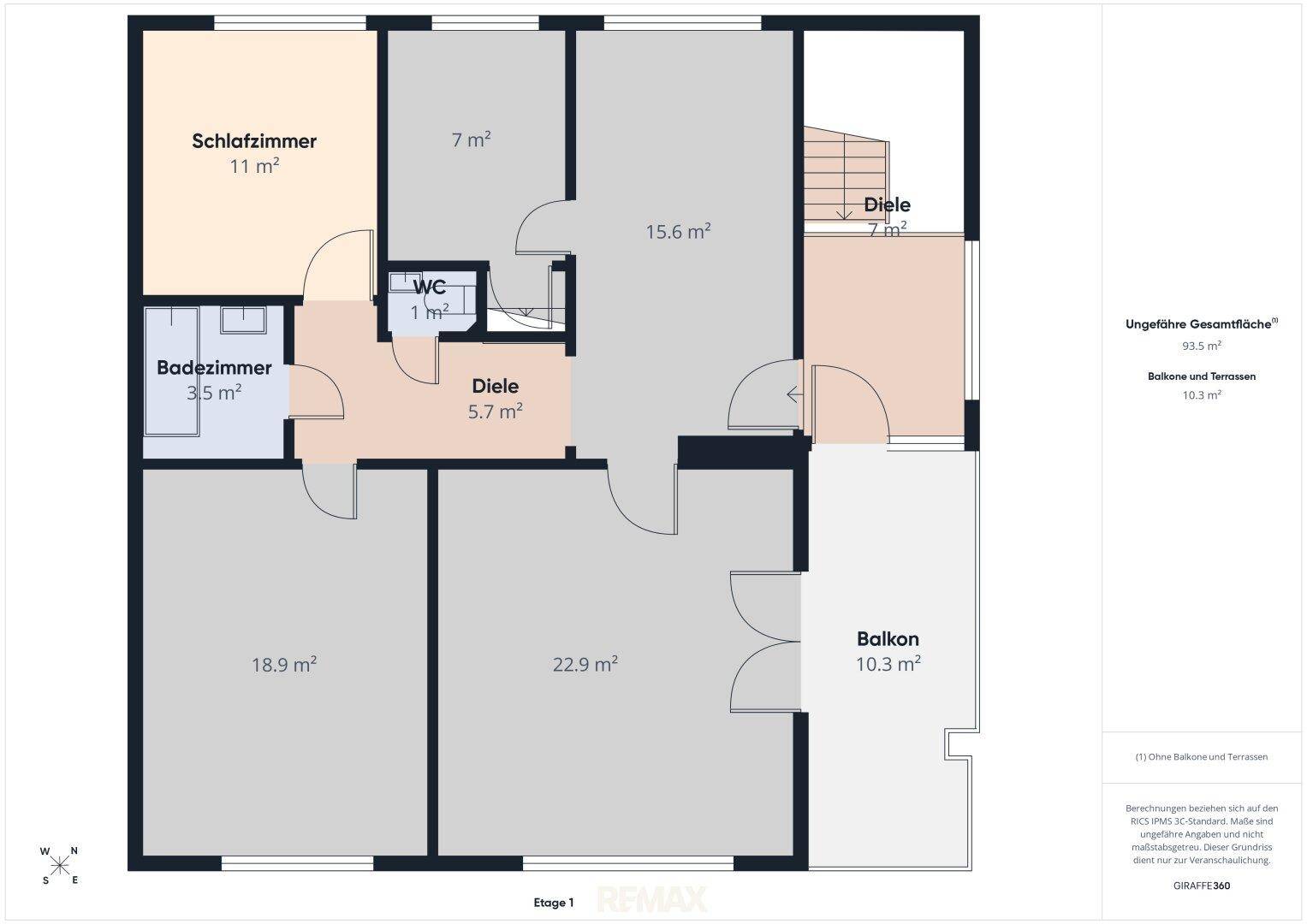 Grundriss der Etage 1 mit Schlafzimmer, Badezimmer, WC und Balkonzugang.