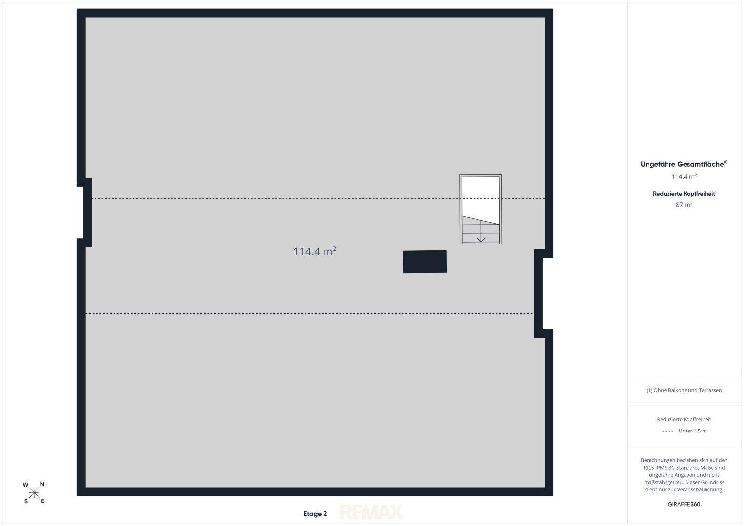 Grundriss der Etage 2, die ein großes Dachgeschoss mit reduzierter Kopffreiheit darstellt.