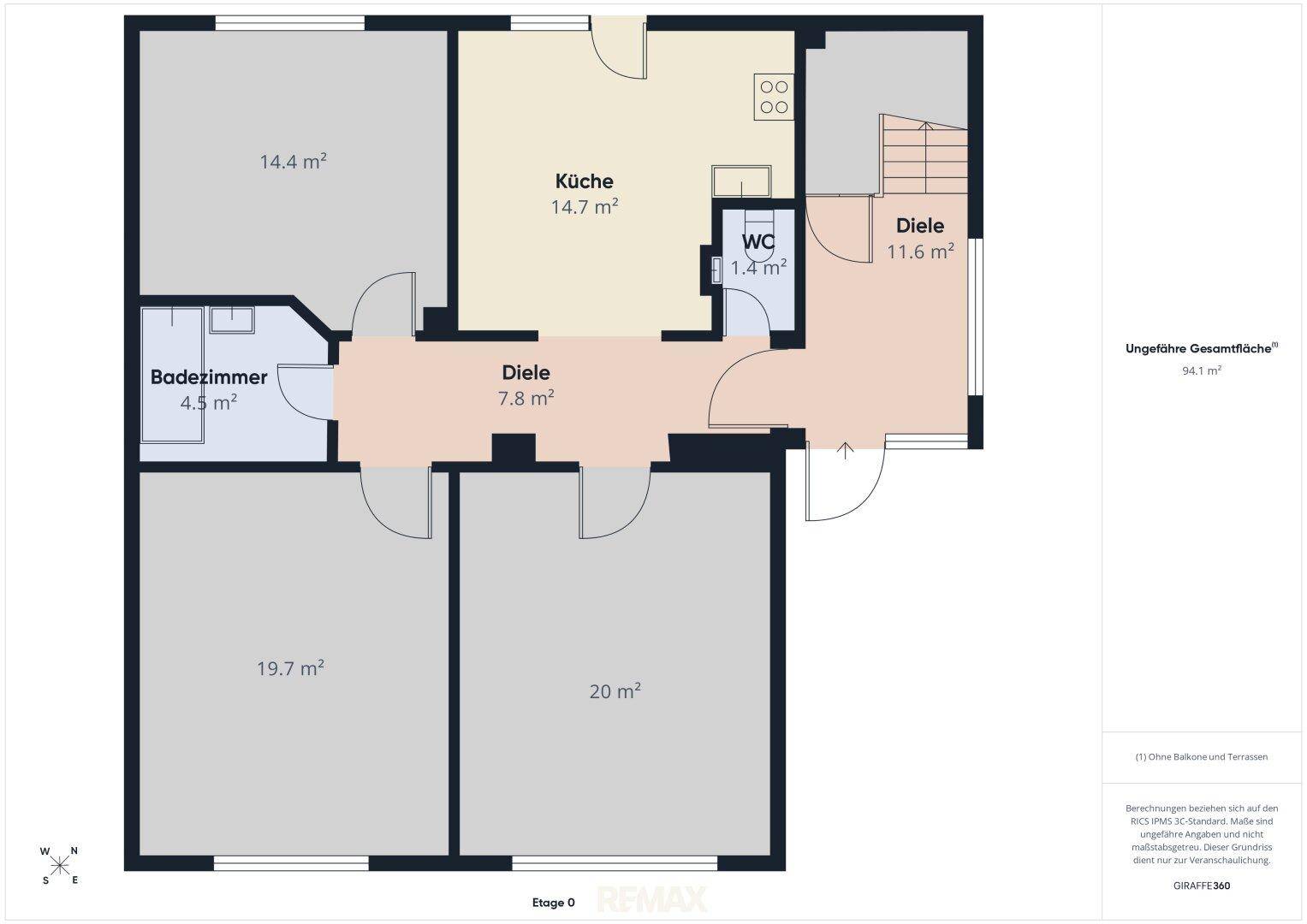 Grundriss der Etage 0 mit Küche, Badezimmer, WC und zwei weiteren Zimmern.