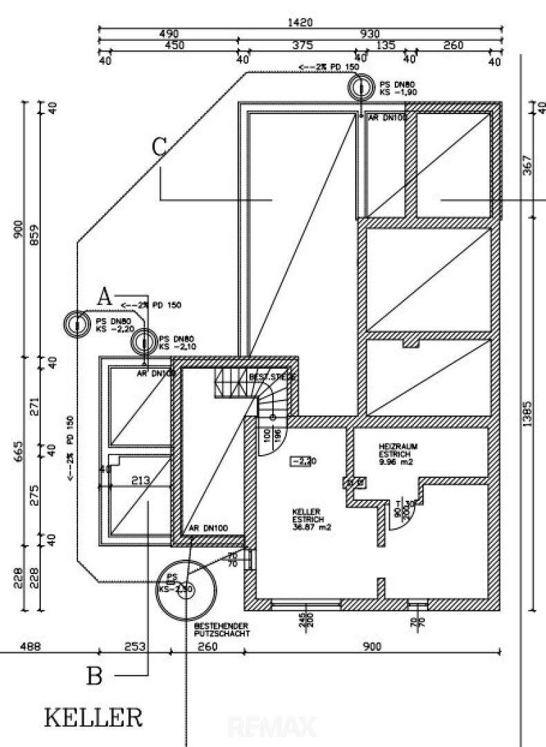 Grundriss des Kellers mit Heizraum und Abstellflächen für zusätzlichen Stauraum.