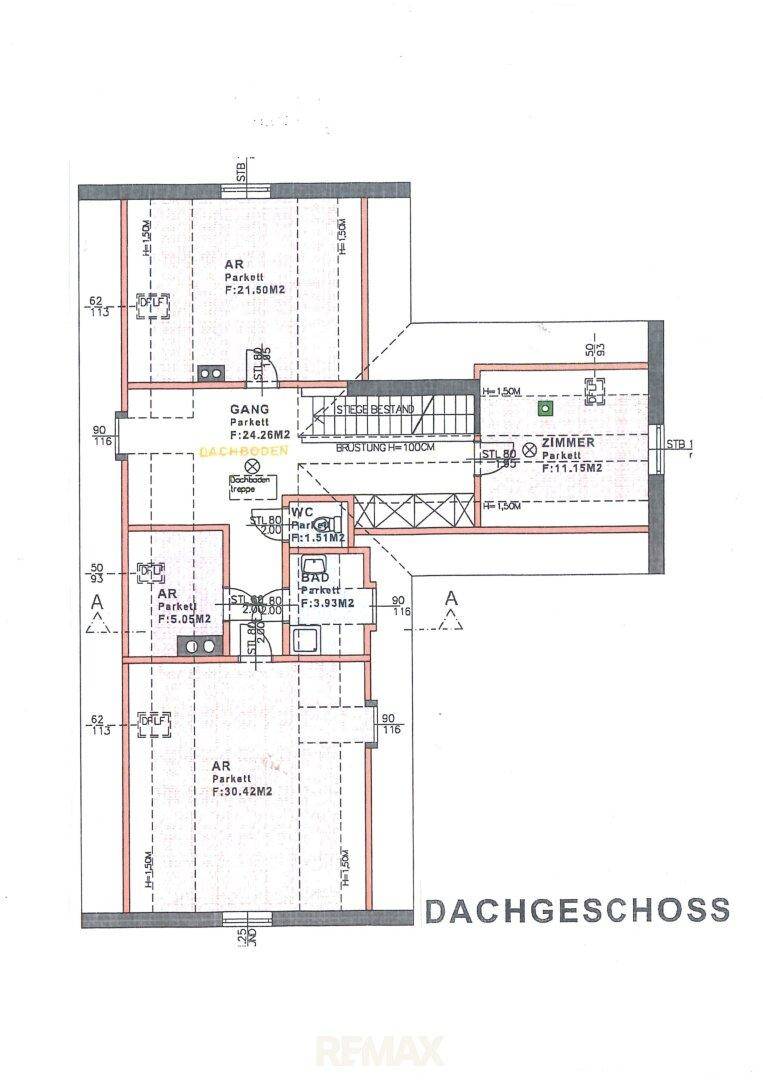 Grundriss des Dachgeschosses mit Zimmern, Bad, WC und Abstellräumen.