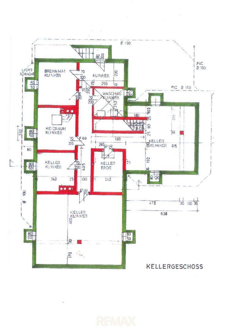 Grundriss des Kellergeschosses mit Heizraum, Waschraum und verschiedenen Kellerräumen.
