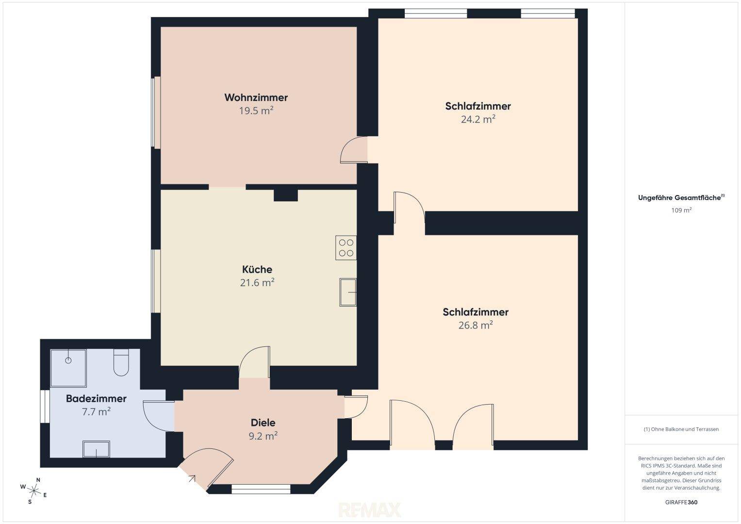 Grundriss zeigt die Aufteilung der Räume mit Wohnzimmer, Küche und zwei Schlafzimmern.