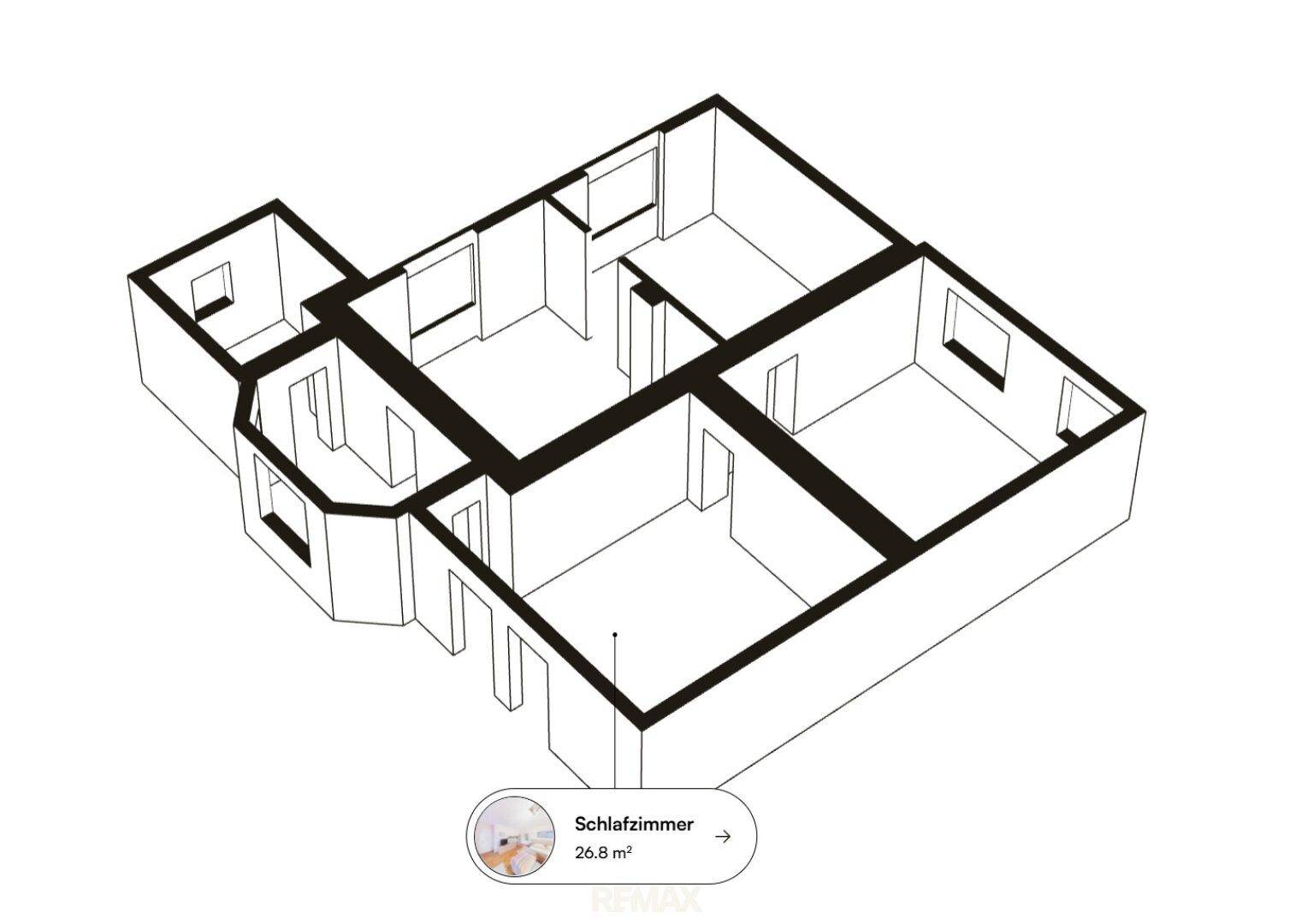 Dieser 3D-Grundriss zeigt die Aufteilung einer Wohneinheit mit mehreren Zimmern und Fenstern.
