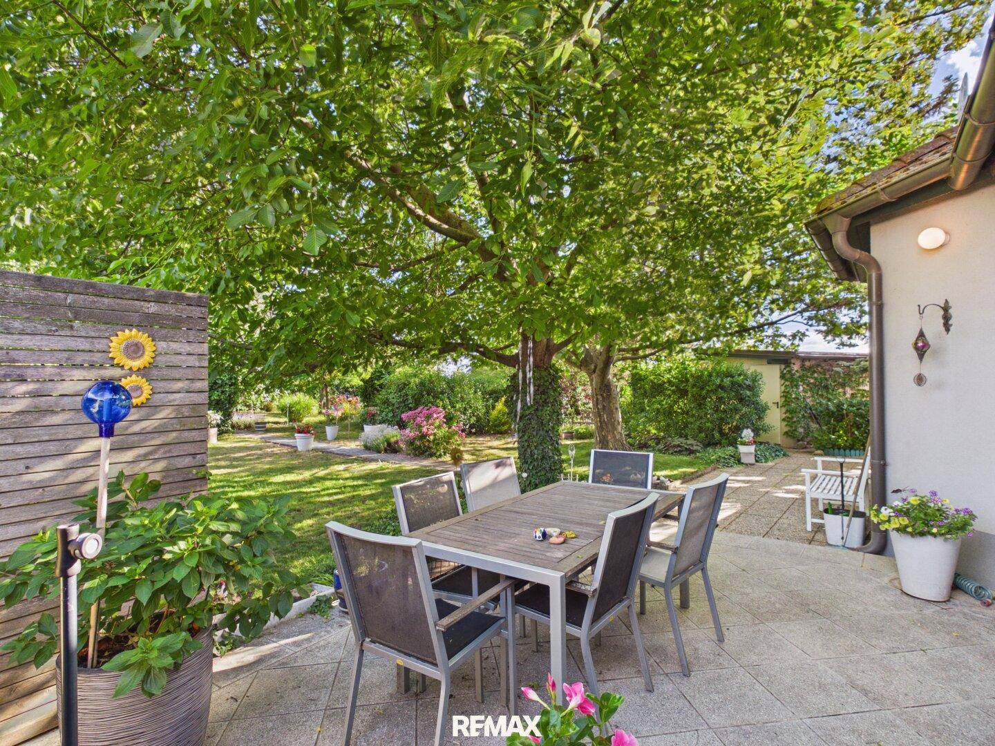 Sonniger Terrassenbereich mit Esstisch und Stühlen unter einem schattenspendenden Baum.